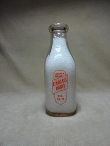 Lindsays Dairy Lincoln Maine ME Color Pyro Quart Milk Bottle Tel 52-14 - Picture 1 of 8