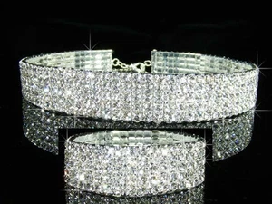 3, 4, 5, 6 Row Bridal Bridesmaid Crystal 925 Choker Necklace w 5 Row bracelet - Picture 1 of 22