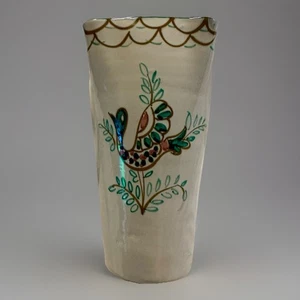 Vintage Italian Ceramic Hand Painted Bird & Floral Design Vase Turquoise Brown - Picture 1 of 13