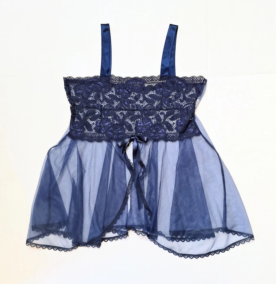 Vintage Blue Lace Sheer Cami Lingerie Top Women's Size Large Y2K Whimsy - Image 1 of 4
