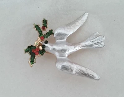 New Goldtone White Enamel Dove with Holly Branch Pin Brooch Peace Love Precious - Image 1 of 4