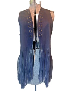 Vintage Long Fringe Blue Suede Vest Gold Rings S Boho Hippy Coachella 70's - Picture 1 of 14