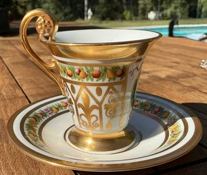 ANTIQUE PORCELAIN KPM GERMANY GOLD ACCENTS & TRIM CUP / SAUCER FRUIT MONOGRAM C - Picture 1 of 10