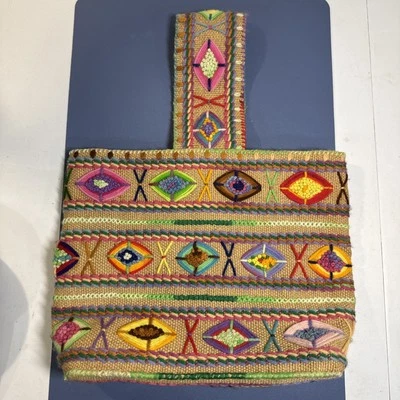 DE COLECCIÓN COLORIDO Bolso de Arpillera de Yute Hilado Bordado Boho Hippie Forrado Bolsillo Arco Iris Foto 1 de 4