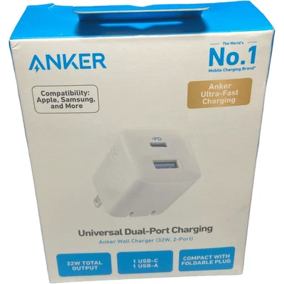 Anker 33W 2-Port Wall Charger USB-C + USB-A Fast PD Quick Charge White 323 - Image 1 of 4
