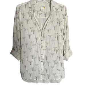 C & C California Womens 100% Linen Shirt Blouse Palm Trees~Sz Small~Rolled Cuff - Picture 1 of 6