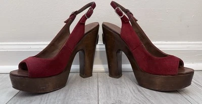 Sandalias Chanel Plataforma Rojo Gamuza Marrón Tacones Bloque Eslinga Trasera Talla 6.5 Foto 1 de 4