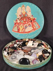 Vintage Tin of Buttons Circular Barton's Bonbonniere Christmas Angel A36 - Picture 1 of 11