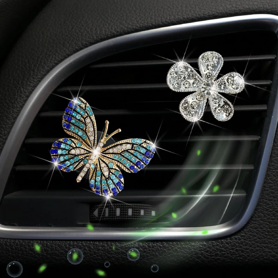 2Pcs Blue Bling Butterfly Silver Daisy Flower Car Air Vent Clips,Rhinestone Car - Image 1 of 4