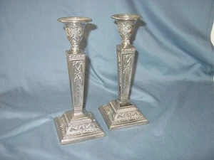 Vintage 9 5/8” Silverplate Neoclassical Rams Head Swag Square Base Candlesticks - Picture 1 of 4