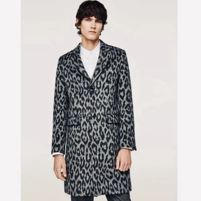 Abrigo Difuso Zara Hombres Raro Neopunk Gris Estampado Leopardo Mezcla Lana Talla L Foto 1 de 4