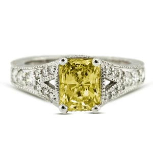 1 1/2ct Yellow SI2 Radiant Natural Diamonds Plat Vintage Style Engagement Ring - Picture 1 of 5