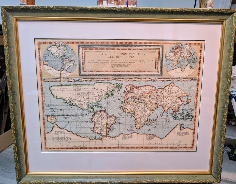🔥THE WORLD MAP BY GERARD AND CORNELIS DE JODE 1589 REPRODUCED BY RAND M. FRAMED - Image 1 of 3