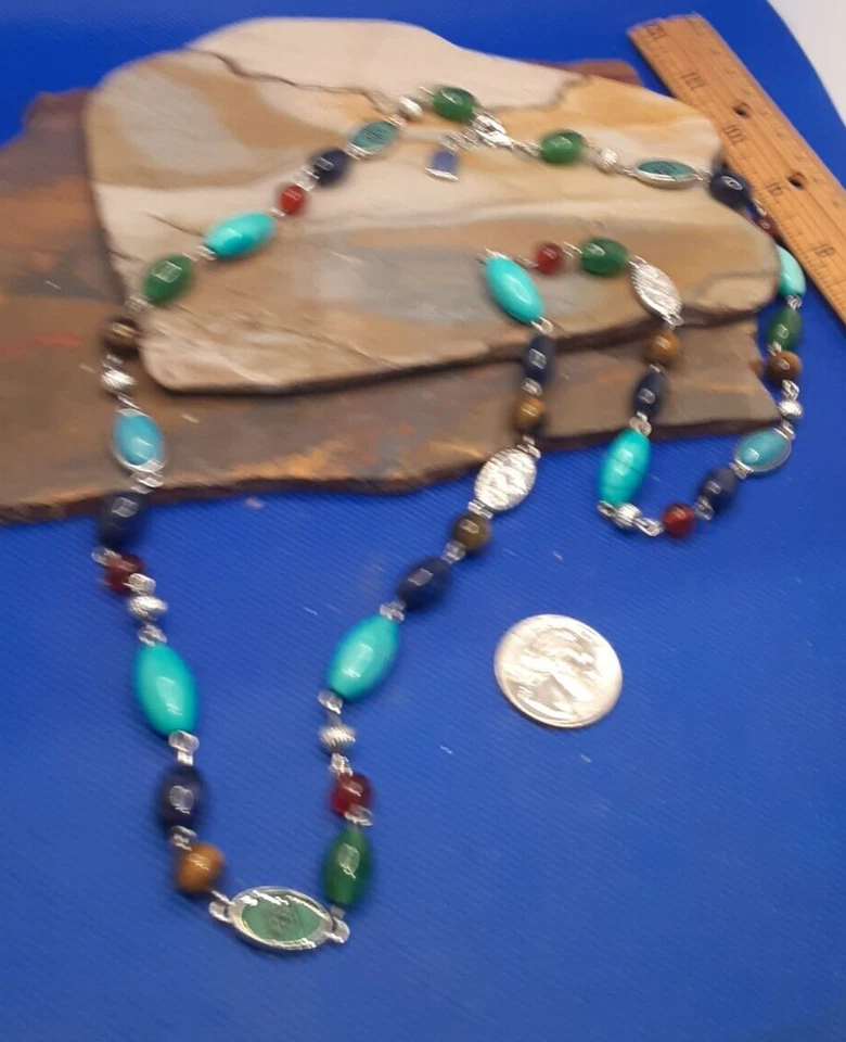 Ожерелье CHAPS серебристое искусственное бирюзовое стекло бисер юго-западное 6/21-10 - Изображение 1 из 4