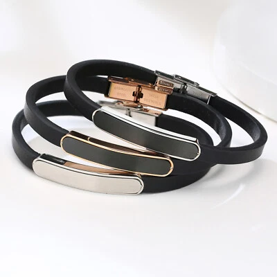 Stainless Steel Curved Super Fiber Leather Bracelet Men's Jewelry 3 Colors Gift - Image 1 of 4