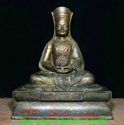 Statua Buddha Lama 9,8" Vecchio Tempio Tibetano Bronzo Zongkaba Je Tsongkhapa - Immagine 1 di 4