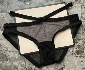 NWT VICTORIA'S SECRET BLACK POLKA DOT DOTTED MESH RUFFLE STRAPPY BIKINI PANTIES - Picture 1 of 4