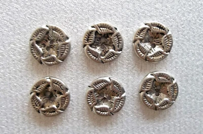 6 Etched Silver Tone Metal Starfish 2-Hole buttons 3/4 Inch Round - Used Vint. - Image 1 of 4