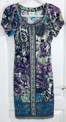 VESTIDO ECI NEW YORK JERSEY FLORAL PAISLEY CUENTAS TONOS JOYA RETRO BOHO WMS TALLA 2 Foto 1 de 4