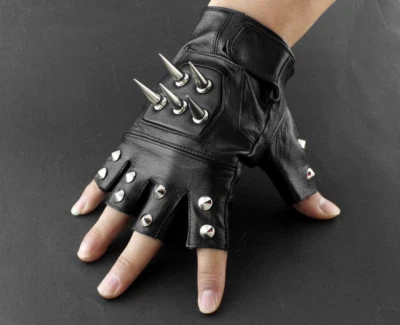 Mens Leather Spike Stud Punk Rocker Driving Motorcycle Biker Fingerless Gloves - Image 1 of 4