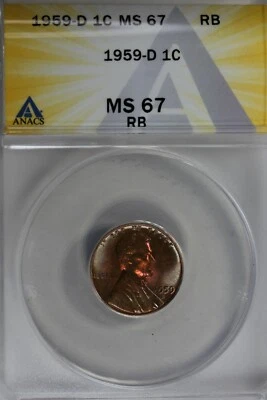 1959-D .01  ANACS   MS 67 RB    Lincoln Head Cent,  Lincoln One Cent - Image 1 of 2