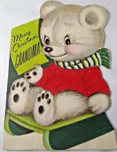 Biglietto natalizio vintage anni 50 stile retrò ruggine artigianale fustellato orso su slitta - Foto 1 di 7