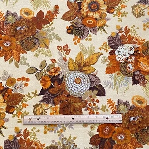 BTY 1970s Velvet Upholstery Fabric Orange Yellow Floral - Picture 1 of 7