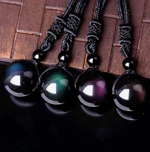 2025NEW! Natural 16mm Rainbow Obsidian Stone Bead Pendant Necklace Gift - Picture 1 of 16