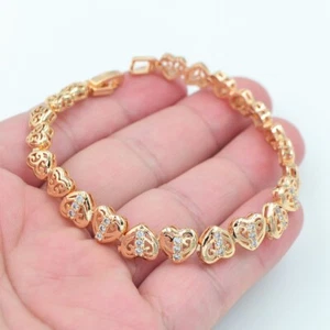 18K Yellow Gold Filled Women Clear Topaz Love Heart Link Bracelet Jewelry - Picture 1 of 1
