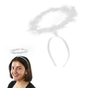LADIES WHITE ANGEL HALO MARABOU FEATHER HEADBAND FANCY DRESS ACCESSORY HALLOWEEN - Picture 1 of 10