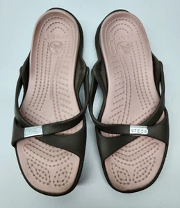 CROCS Women's Size 9 Brown & Pink Criss Cross Open Toe Slip On Slide Sandals - Picture 1 of 8
