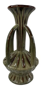 Large 16.5" Tall 4 Armed Green & Brown Drip Glaze Art Deco MCM Style Vase - Picture 1 of 6