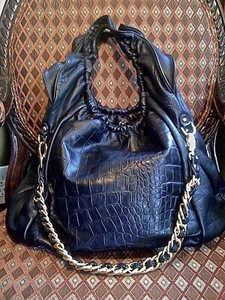 BE & D NEW YORK Bag COSETTE Tote Purse Stamped CROC LEATHER Lg BLACK SHOULDER - Picture 1 of 5