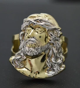 Real Solid 10K Yellow Men's Jesus Head Two-Tone Ring  - Picture 1 of 5