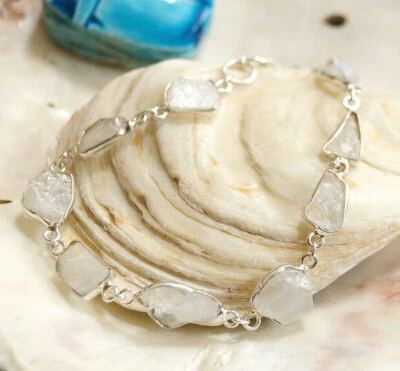 Elegant Armband 18 - 21,5 cm 925er Silber Mondstein Weiß Bunt Rohstein Schlicht - Bild 1 von 4