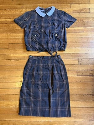 VINTAGE Helen Whiting Skirt Suit Set Brown Tartan Plaid Peter Pan Collar 60s - Image 1 of 4