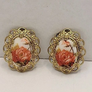 Vtg West Germany Textured Floral Rose Filigree Clip On Earrings Fancy Rose - Picture 1 of 8