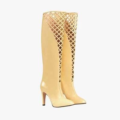 NUEVO EN CAJA Botas hasta la rodilla Gucci Lattice EU 38.5 US 8.5 cuero recortado marfil mantequilla Foto 1 de 4