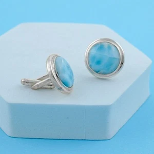 Blue Natural Gemstone Larimar Cufflinks 925 Sterling Silver Father's Jewelry NEW - Picture 1 of 6