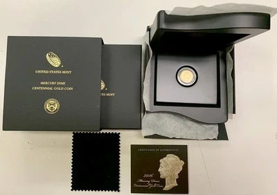 Moneda de oro centenario de 1/10 oz Mercury Dime 2016-W, 0,9999 sin circular con caja y certificado de autenticidad Foto 1 de 4