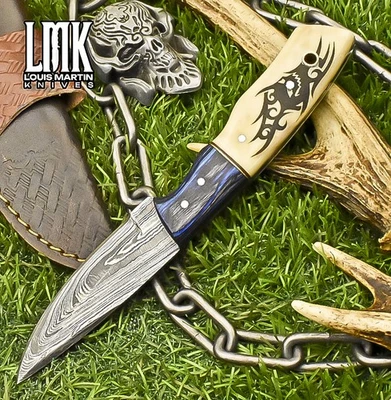 LMK Custom Skinner Knife Twist Damascus ScrimShaw Bone Tactical - Image 1 of 4