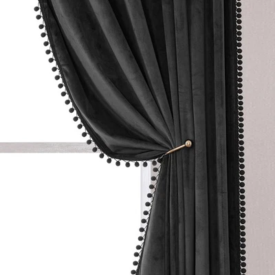 Cortinas de veludo cinza Pom Pom 84 polegadas de comprimento -Cortina blackout cortina quarto Da... - Imagem 1 de 4