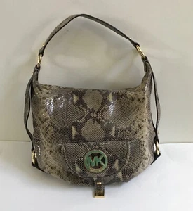 Michael Kors Python Snakeskin Leather Hobo Shoulder Bag Gold Logo Front Pocket - Picture 1 of 21