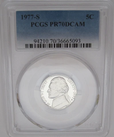 1977-S Jefferson Nickel PCGS PR70 DCAM - DEEP CAMEO PROOF - Scarce & Key Date Cover