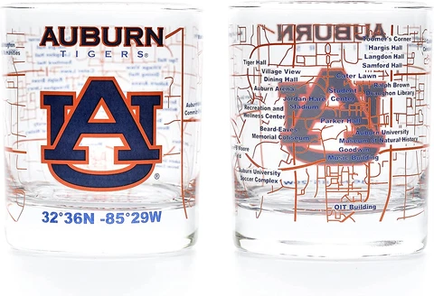 Auburn University Whiskey Glass Set (2 Low Ball Glasses) - Contains Full Color T Cover