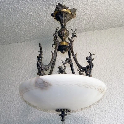 COLGANTE QUERUBÍN DE ALABASTRO REAL Y BRONCE VINTAGE ARAÑA DE 4 LUCES Foto 1 de 4