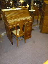 Antique Oak Roll Top Desk 1900 raised panel carved pulls refinished 36" S curve