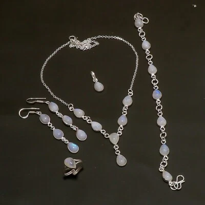 Juego de joyas hechas a mano de plata 925 con piedras preciosas de luna arco iris Foto 1 de 4