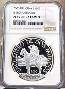2000 URUGUAY SILVER 250 PESOS MAN & WOMAN ON HORSEBACK NGC PF 69 ULTRA CAMEO GEM - Picture 1 of 3