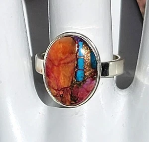 Sterling Silver Spiney Oyster Turquoise Ring Size 8 Marked 925 Orange Gemstone - Picture 1 of 13